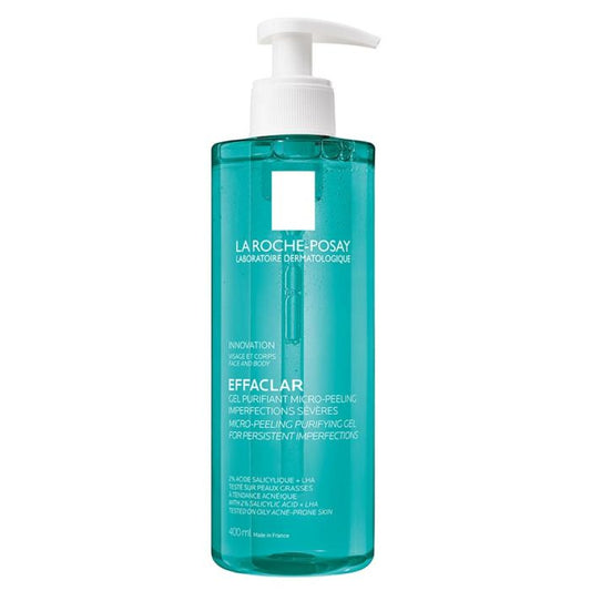 A bottle of La Roche-Posay Effaclar Micro Peeling Purifying Gel with a pump dispenser, predominantly blue in color with white and red text on the label.