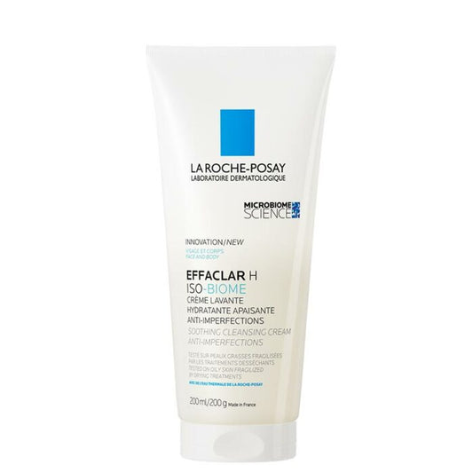 A tube of La Roche-Posay Effaclar H ISO-BIOME Soothing Anti-Blemish Moisturizing Cleansing Cream.