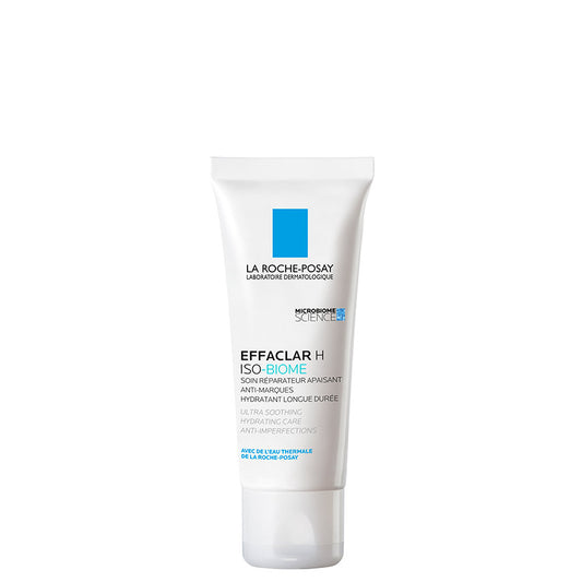 A tube of La Roche-Posay Effaclar H ISO-BIOME Soothing Anti-Marks Long-Lasting Moisturizing Repair Cream.