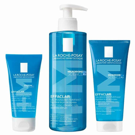 Three packages of La Roche-Posay Effaclar foaming gel cleansers in different sizes, featuring a blue and white color scheme.