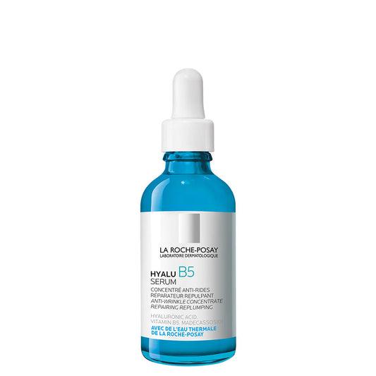 A bottle of LA ROCHE Posay HYALU B5 serum with a dropper, predominantly blue and white packaging.