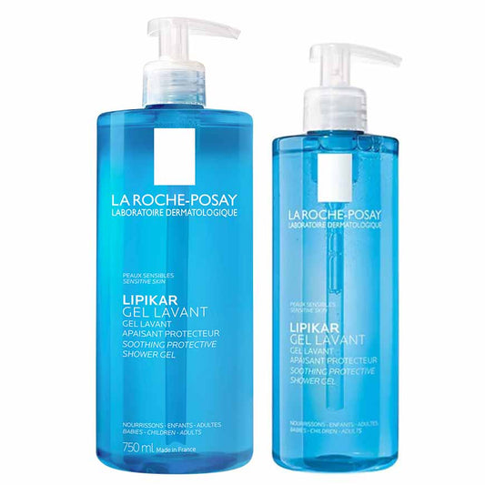 Two bottles of LA ROCHE-POSAY Lipikar Gel Lavant shower gel, one with a 400 ml size and another with a 750 ml size, both with pump dispensers.