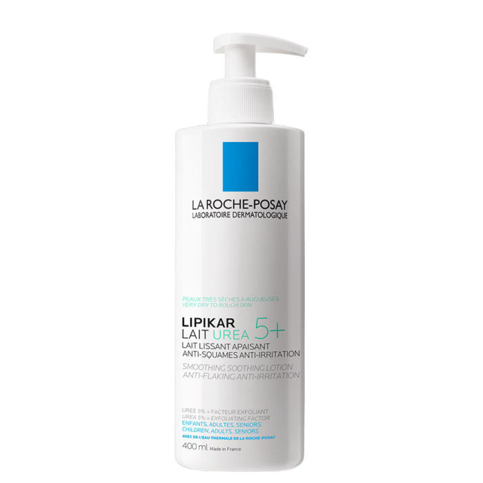 A pump bottle of La Roche-Posay Lipikar Lait Urea 5+ moisturizer.