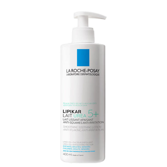 A pump bottle of La Roche-Posay Lipikar Lait Urea 5+ moisturizer.