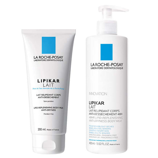 Two bottles of LA ROCHE-POSAY Lipikar Body Milk, one with a pump and one with a tube, against a white background.