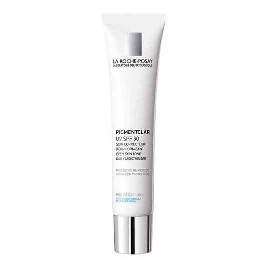 A tube of LA ROCHE-POSAY Pigmentclar UV SPF30 sunscreen moisturizer.