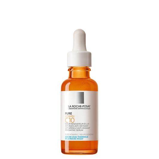 A bottle of LA ROCHE-POSAY Pure Vitamin C10 Serum with a dropper cap.