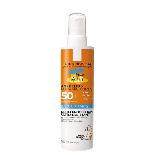 A pump bottle of Anthelios Invisible Kids Spray SPF50+ by La Roche-Posay, primarily white with orange and blue accents, designed for sensitive skin.