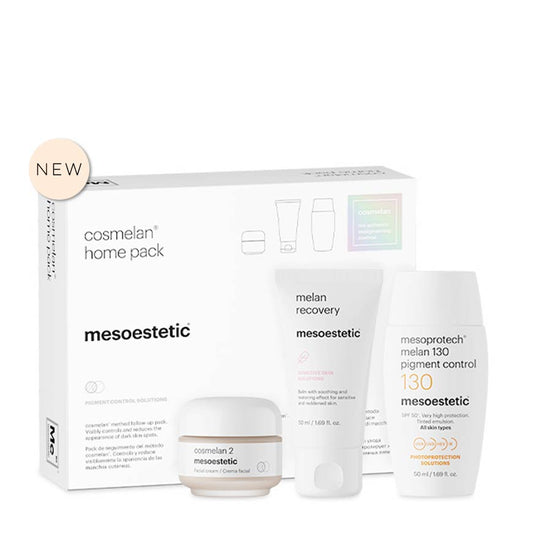 Mesoestetic skincare home pack with various products on a white background