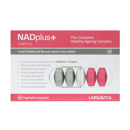 Packaging for NAD Plus Complex, displaying the product name, total health and beauty claims, and vegetable capsules. The background is pink, and the product is presented as a health and beauty aid.