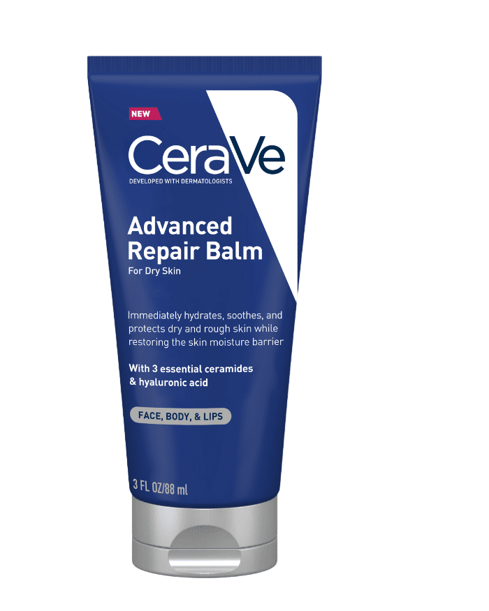 A tube of CeraVe Advanced Repair Balm for dry skin, with text highlighting hydrates, soothes, and restores the skin's moisture barrier.