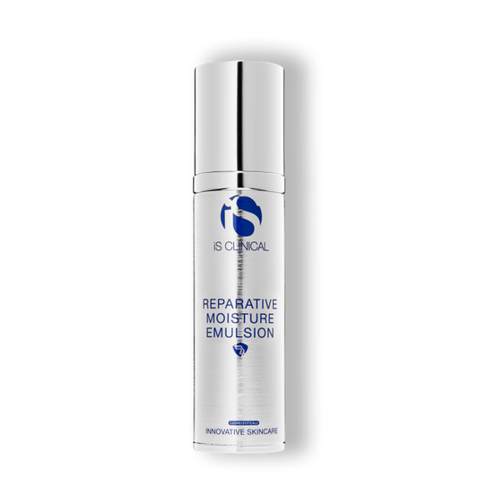 A bottle of IS Clinical Reparative Moisture Emulsion, a skincare product designed to hydrate and smooth the skin.