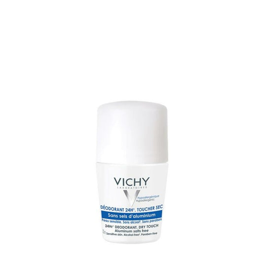 A roll-on deodorant by VICHY with packaging that is predominantly white with blue and black text, indicating that it is aluminum-free and designed for dry touch.