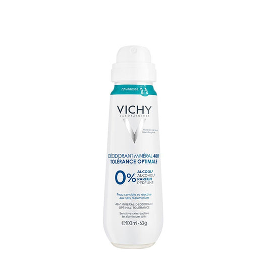A bottle of VICHY 48HR ANTI-PERSPIRANT MINERALOPTIMAL TOLERANCE DEO with eco-compressed packaging, labeled for sensitive skin.