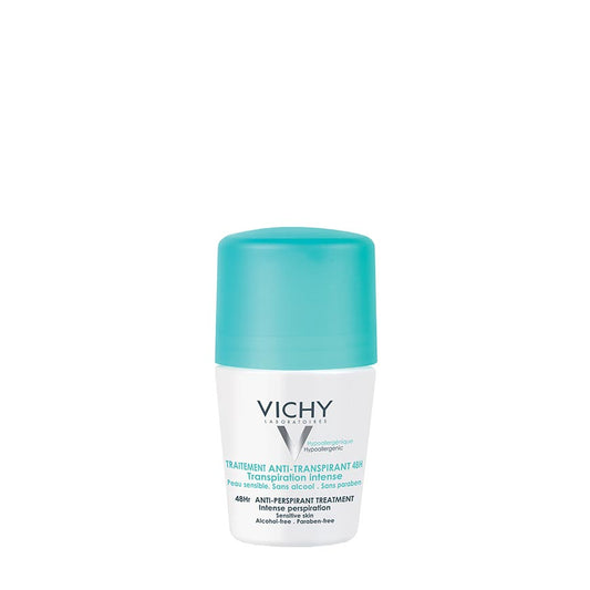 Vichy roll on 48hr anti-perspirant 50ml with teal lid and white container