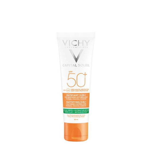 A tube of VICHY CAPITAL SOLEIL 50+ sunscreen with orange and white packaging.