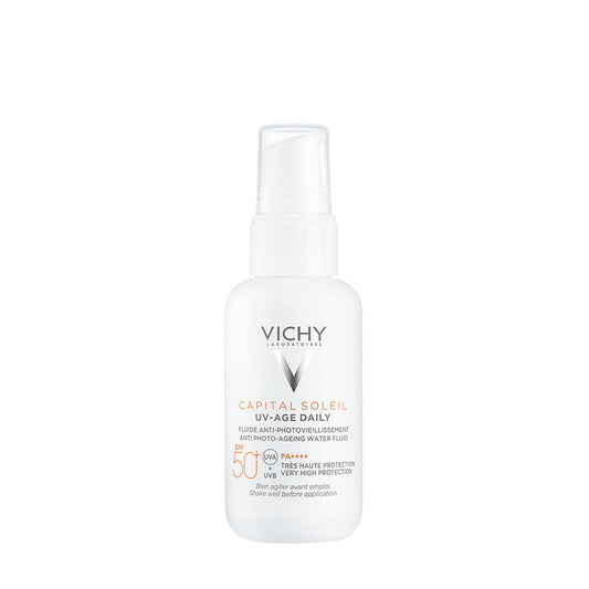 A pump bottle of VICHY CAPITAL SOLEIL UV AGE Daily high protection facial sunscreen with SPF50+, labeled in white and orange colors.
