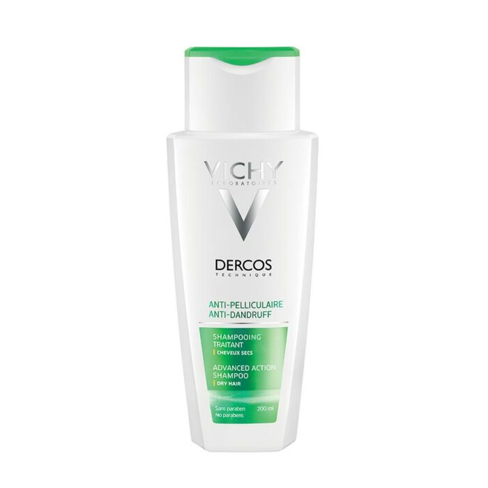 VICHY DECOS ANTI DANDRUFF SHAMPOO DRY HAIR in a white bottle with green accents and labeling.