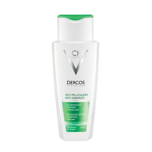 VICHY DECOS ANTI DANDRUFF SHAMPOO DRY HAIR in a white bottle with green accents and labeling.