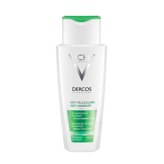 A bottle of VICHY DERCOS Anti-Dandruff Shampoo for greasy hair.