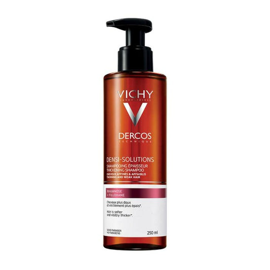 A pump bottle of VICHY DERCOS DenSI-Solutions Shampoo designed for thinning and sparse hair.