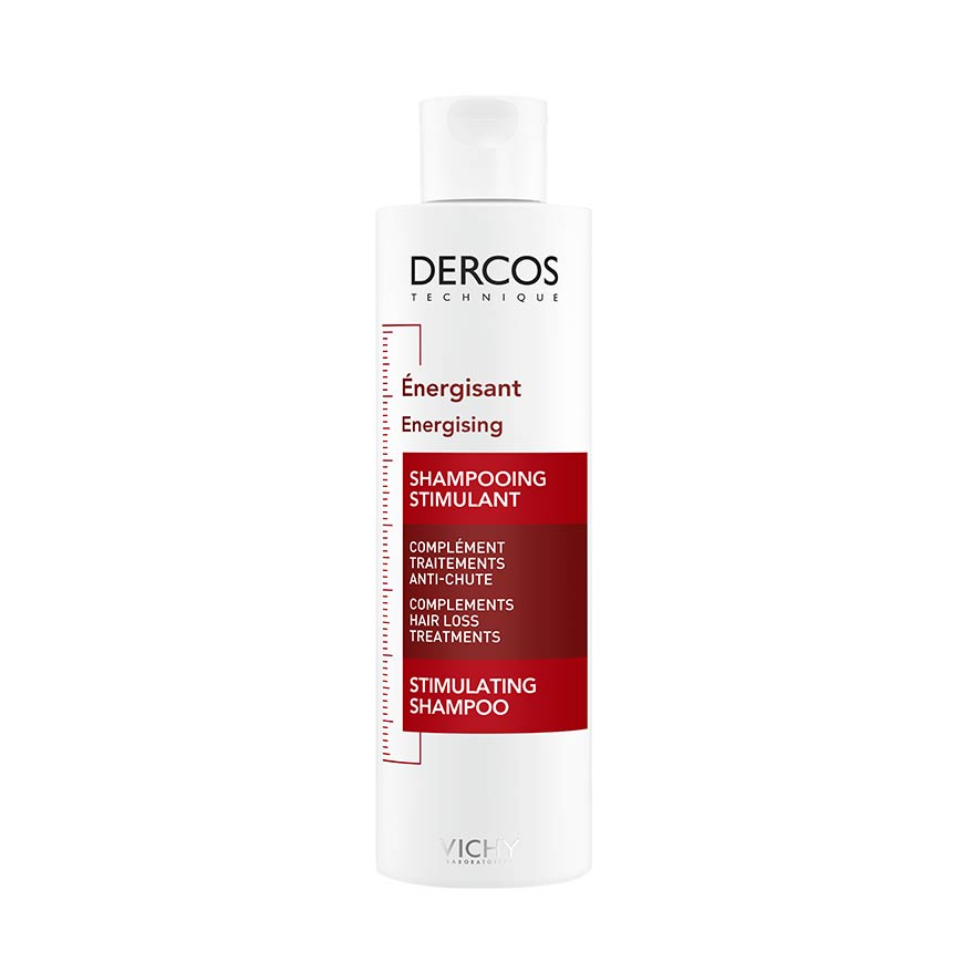 A bottle of VICHY DERCOS ENERGISING ANTI-HAIRLOSS SHAMPOO COMPLEMENT, designed for reducing hair loss and maintaining hair density.
