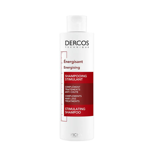 A bottle of VICHY DERCOS ENERGISING ANTI-HAIRLOSS SHAMPOO COMPLEMENT, designed for reducing hair loss and maintaining hair density.