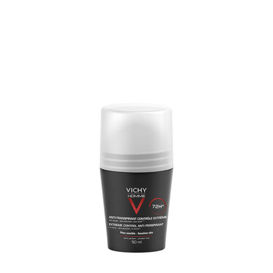 A stick of VICHY HOMME 72HR ANTI-PERSPIRANT DEODORANT- extreme control, packaged in a white and black cylindrical bottle.