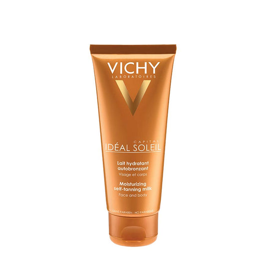 A tube of VICHY IDEAL SOLEIL SELF TANNER FACE & BODY with a orange color scheme and branding prominently displayed.