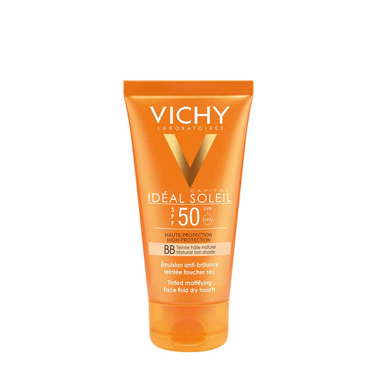 A tube of VICHY IDEAL SOLIEL SPF50 MATTIFYING DRY TOUCH BB sunscreen with a mattifying effect, labeled for high sun care protection, indicated for combination to oily sensitive skin.