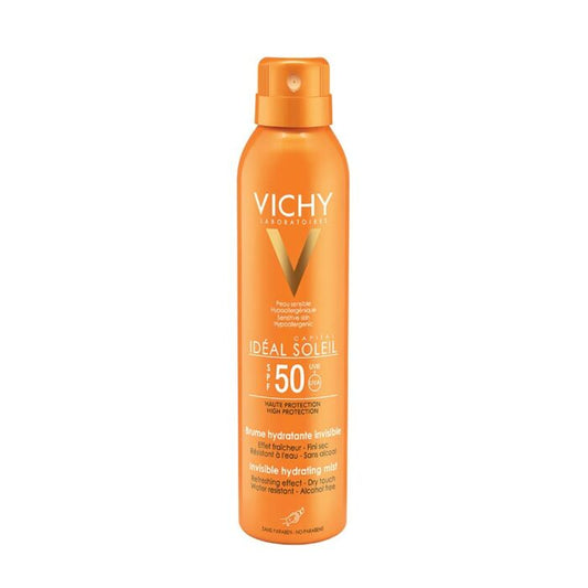 A bottle of VICHY IDEAL SOLEIL SPF50+ HYDRA MIST sunscreen spray with orange packaging.