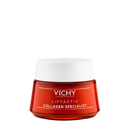 A jar of VICHY LIFTAVTIV COLLAGEN SPECIALIST cream with a red label on a white background.