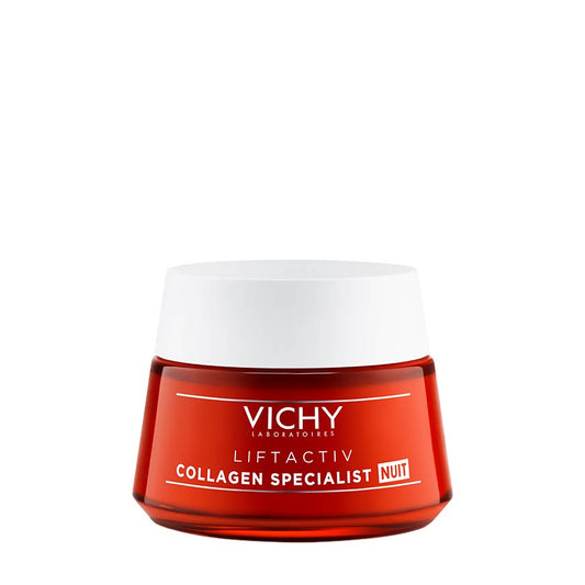 A jar of VICHY LIFTACIV COLLAGEN SPECIALIST NIGHT cream with a red label and white cap.
