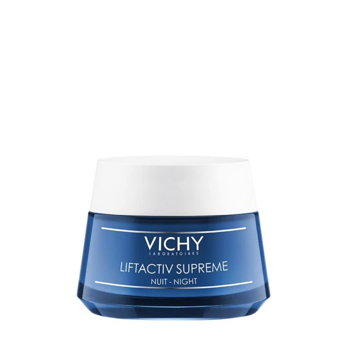 A jar of VICHY LIFTAVTIV NIGHT cream with a blue label.