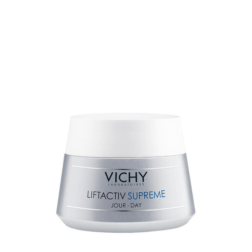A jar of Vichy LIFTACTIV SUPREME moisturizer for dry skin.