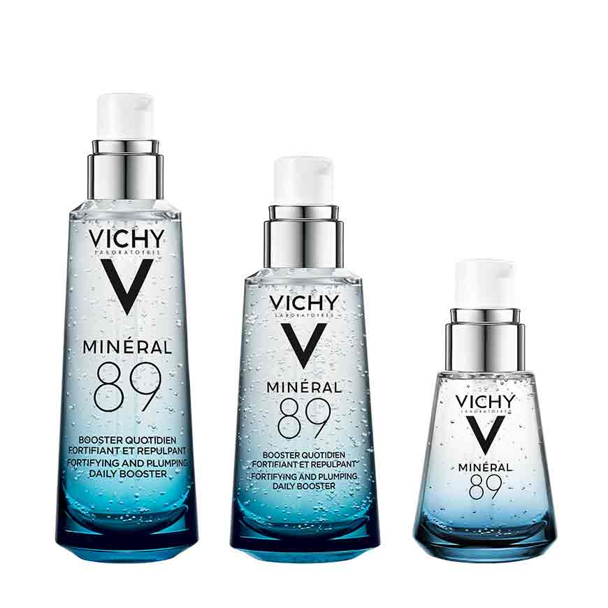 Three bottles of VICHY MINERAL 89 skincare product, showcasing different sizes with a blue label and white cap.