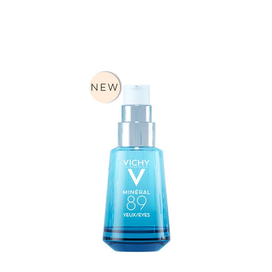 A blue pump bottle labeled 'VICHY MINERAL 89 EYES' indicating a hyaluronic acid eye gel.