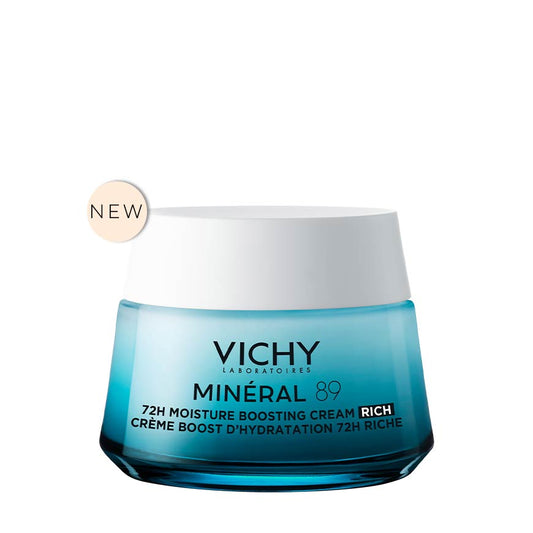 A jar of VICHY MINERAL 89 RICH CREAM, moisture boosting cream for dry skin, with a label indicating 'new' and '72h hydration boosting cream'.