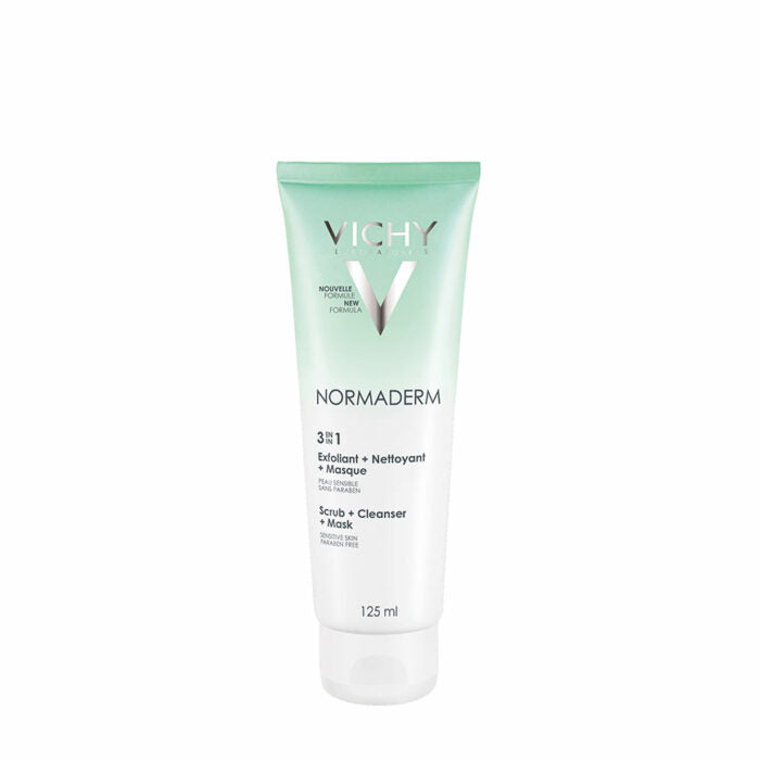 A tube of VICHY NORMADERM 3 in 1 E/L cleanser, exfoliator, and mask for oily skin with acne, 125ml size.