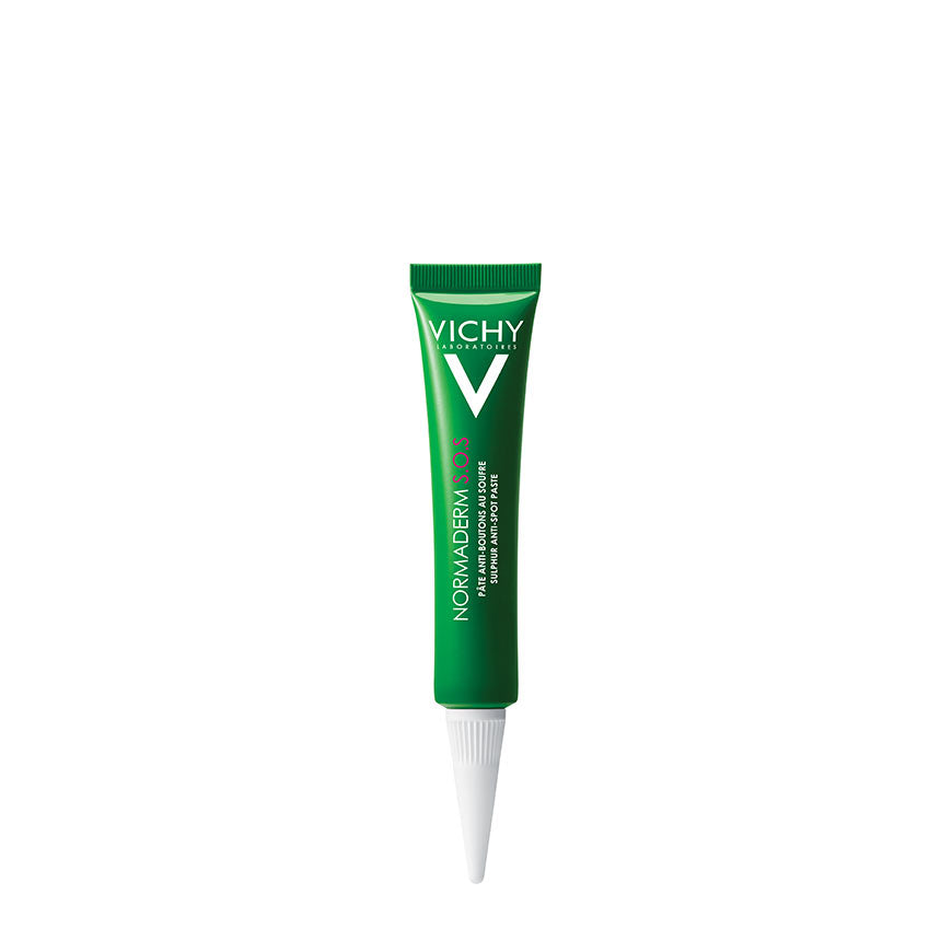A tube of VICHY NORMADERM ANTI SPOT SULPHUR PASTE against a white background.