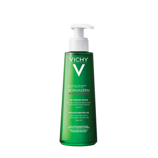 A pump bottle of VICHY NORMADERM PHYTOSOLUTION PURIFYING GEL, designed for oily and pimple-prone skin.