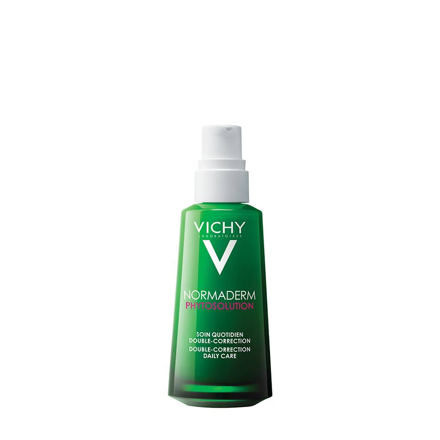 A pump bottle of Vichy Normaderm Phytosolution daily care moisturizer for oily and pimple-prone skin.