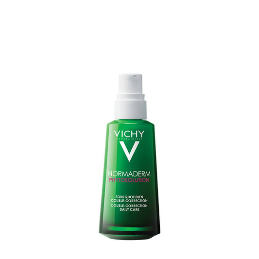 A pump bottle of Vichy Normaderm Phytosolution daily care moisturizer for oily and pimple-prone skin.