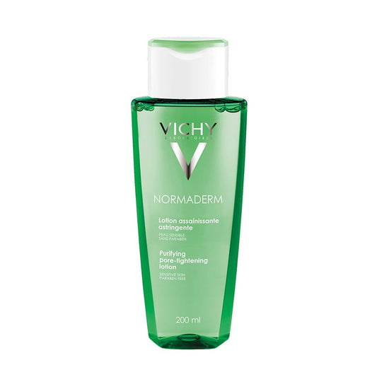 A clear plastic bottle with a green label, containing VICHY NORMADERM PURIFYING TONER, 200ml.