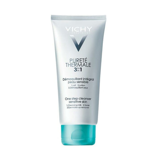 A tube of VICHY PURETE THERMALE 3 IN 1 ONE STEP CLEANSE with a blue cap, labeled for cleansing sensitive skin.