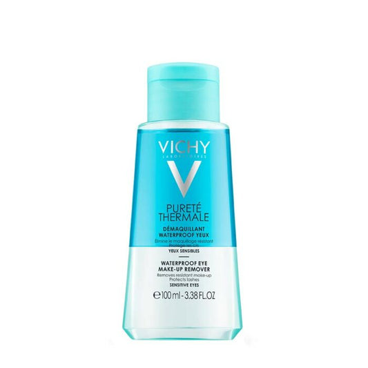 Bottle of VICHY PURETE THERMALE EYE MAKE UP REMOVER, 100ml size, with blue label and cap.