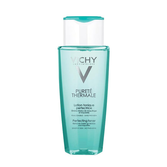 A clear bottle with a turquoise label, containing VICHY Purete Thermale Perfecting Toner.