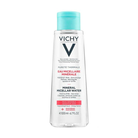 A transparent plastic bottle with a turquoise cap, labeled VICHY PURETE THERMALE SENSITIVE MICELLAR 3-IN-1 SOLUTION, with text indicating it is a micellar water for sensitive skin, 200ml in size.