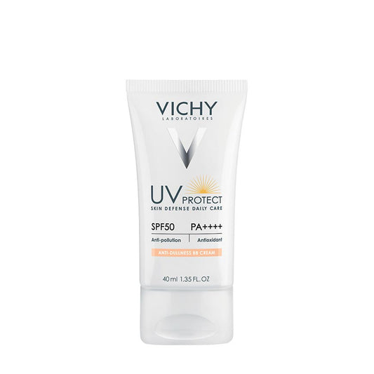 A tube of VICHY UV PROTECT BB Cream with SPF50. The packaging is white with product information and branding.