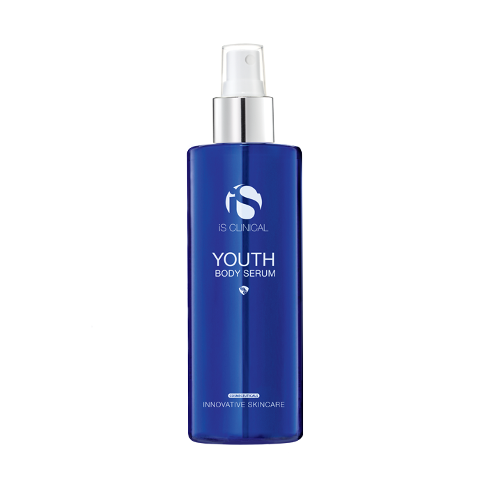 A bottle of Clinical SkinCare Youth Body Serum with a blue label and white cap, designed for cosmetic skin care.